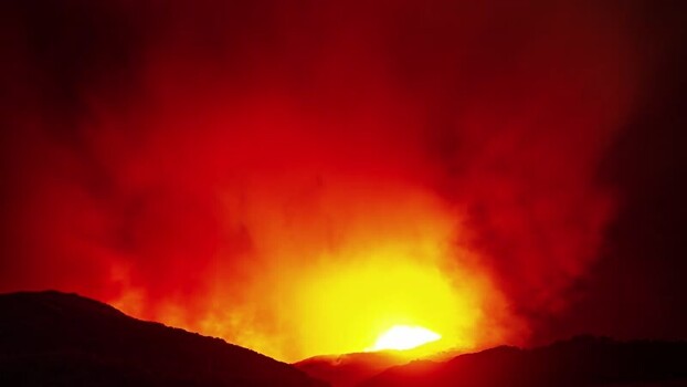 View of volcanic eruption at night in Spain.