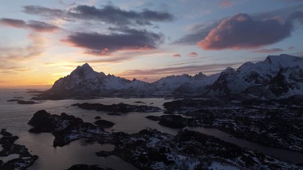Aerial view of Lofoten mountains at sunset Norway.