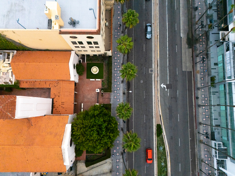 Aerial view of the Hollywood Walk of Fame featuring iconic star studded sidewalks palm trees and urban architecture in Los Angeles California United States.
