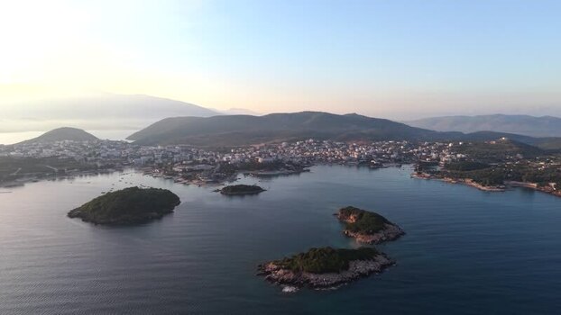 Aerial view of Ksamil islands and coastline in Albania.