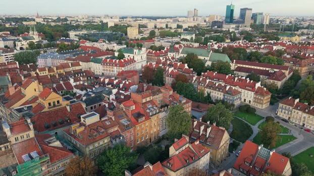 Aerial view of Warsaw Old Town rooftops in Warsaw Poland.