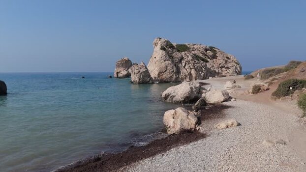 Aerial view of Petra tou Romiou coastline in Cyprus.