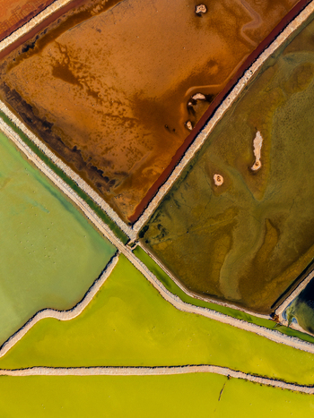 Aerial view of colorful salt pans with distinct green and brown water basins separated by earthen dikes in Andalusia Spain. Aerial view of colorful salt pans with distinct green and brown water basins separated by earthen dikes in Andalusia Spain.