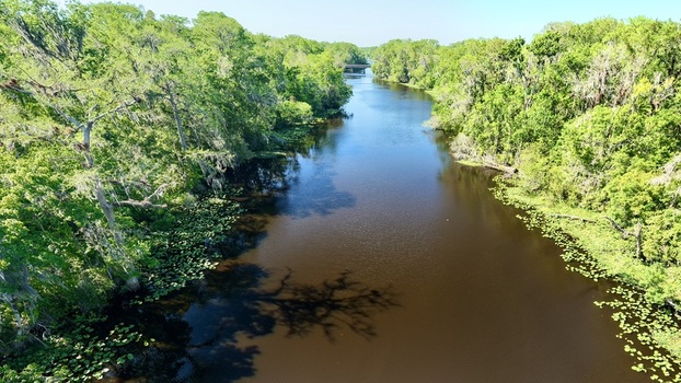 Aerial view of the dark reflective waters winding through a verdant corridor of dense trees a serene escape under the vast sky St. Augustine Florida United States. Aerial view of the dark reflective waters winding through a verdant corridor of dense trees a serene escape under the vast sky St. Augustine Florida United States.