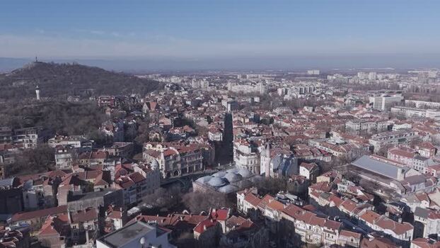 Aerial view of Plovdiv cityscape with historic rooftops Bulgaria.