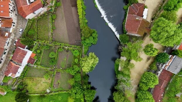 Aerial view of Rio Arnoia and historic rooftops Spain. Aerial view of Rio Arnoia and historic rooftops Spain.