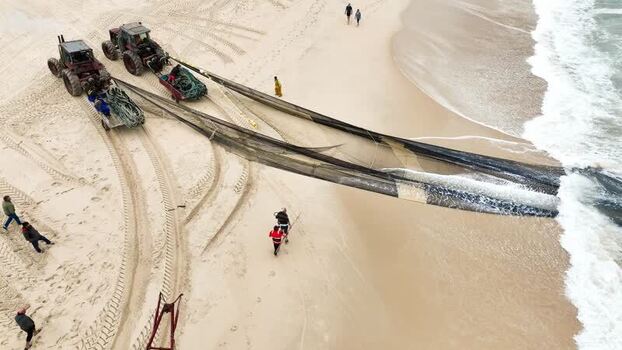 Aerial view of tractors pulling nets in Praia de Mira Portugal. Aerial view of tractors pulling nets in Praia de Mira Portugal.