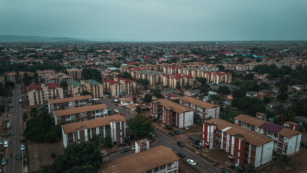 Aerial view of SSNIT Flat residential complex with apartment blocks and red roofs Adenta Municipality Greater Accra Region Ghana.
