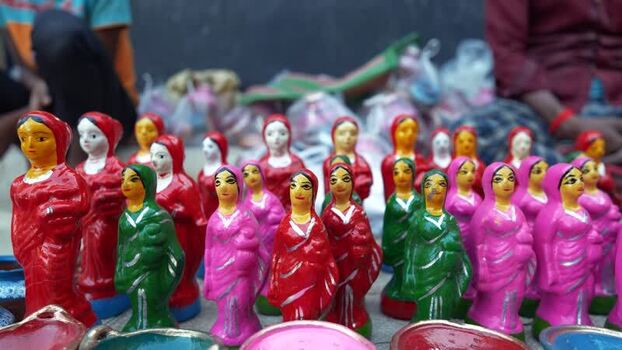 View of colorful traditional clay dolls Bangladesh.
