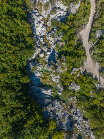 Aerial view of the Blue Eye Theth a natural spring with turquoise water surrounded by rocky terrain dense green forests and a winding dirt path in Theth Shkoder County Albania. Aerial view of the Blue Eye Theth a natural spring with turquoise water surrounded by rocky terrain dense green forests and a winding dirt path in Theth Shkoder County Albania.
