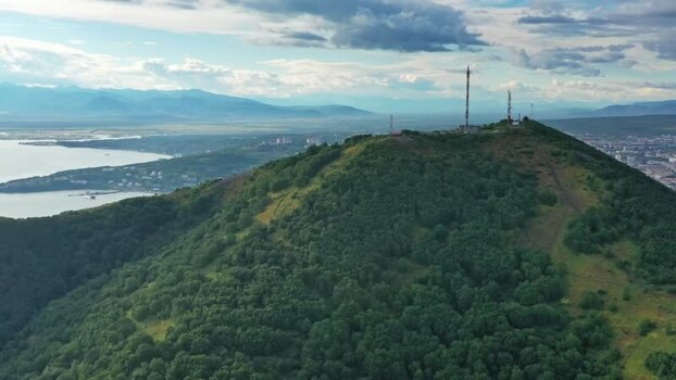 Aerial view of radio towers on a hill Russia.