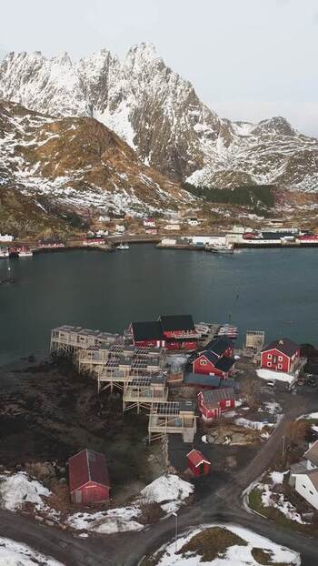 Aerial view of red buildings on water Norway.