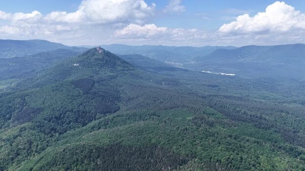 Aerial view of Haut Koenigsbourg Castle and Vosges mountains France.