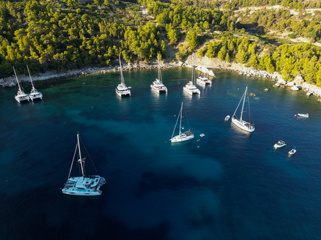 Aerial view of sailboats and catamarans anchored in the clear blue waters of a bay near Hvar surrounded by lush pine covered hills in Split Dalmatia County Croatia.