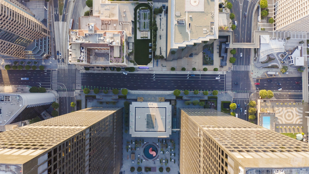 Aerial view of downtown Los Angeles skyscrapers city streets and urban architecture in Los Angeles California United States.