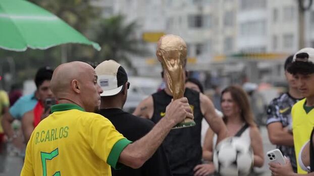 View of fans celebrating with a trophy in Rio de Janeiro Brazil.