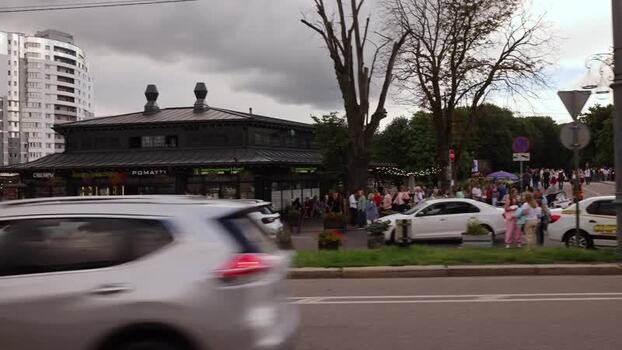 View of a street scene with a historic building in Kaliningrad Russia.
