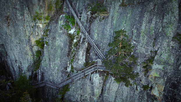 Aerial view of the wooden stairs and walkways of Gorges du Dailley built into a steep rock face with pine trees in Salvan Valais Switzerland.