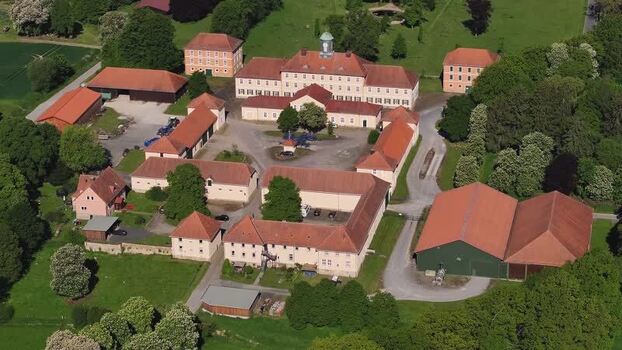 Aerial view of a historic estate with red tiled roofs Germany. Aerial view of a historic estate with red tiled roofs Germany.