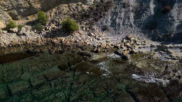 Aerial view of rocky coastline in Moraira Spain.
