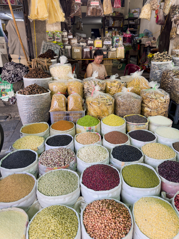 Hanoi Ha Noi Vietnam 11 November 2025 View of a market stall with a wide variety of colorful grains beans and legumes in large sacks and a woman sitting in the background.