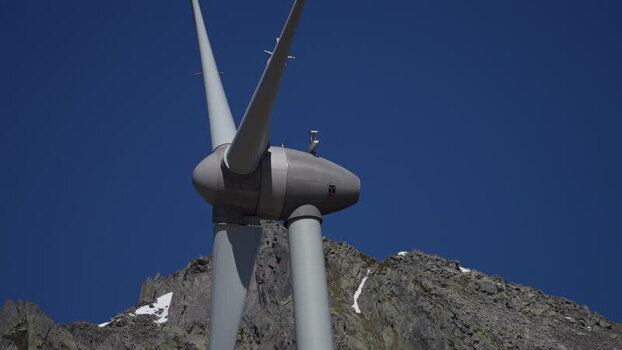 Aerial view of wind turbines at San Gottardo wind Park Switzerland.