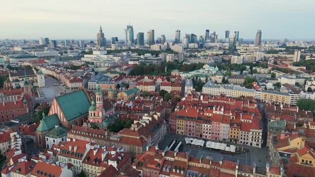 Aerial view of Warsaw Old Town and modern skyline Poland.