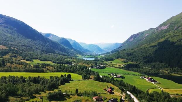 Aerial view of Klakegg valley in Vestland Norway.