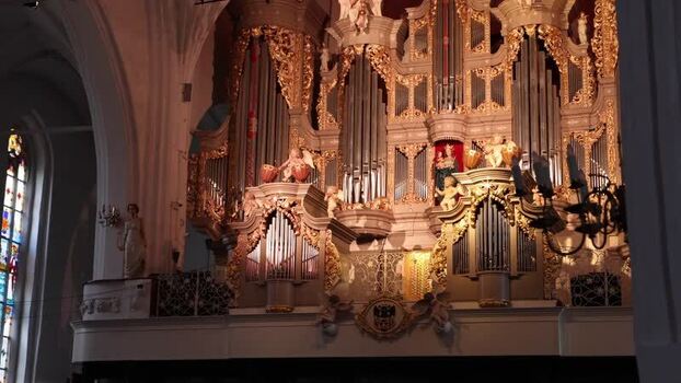 View of the ornate pipe organ in Kaliningrad Cathedral Russia.