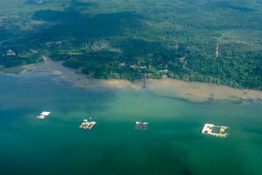 Aerial view of Johor River with floating fish farms lush green forest and calm water in Johor Bahru Johor Malaysia.