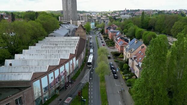 Aerial view of urban street with industrial buildings and houses Belgium. Aerial view of urban street with industrial buildings and houses Belgium.