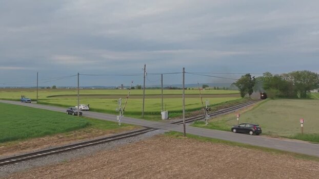 Aerial view of a rural railroad crossing in Pennsylvania United States. Aerial view of a rural railroad crossing in Pennsylvania United States.