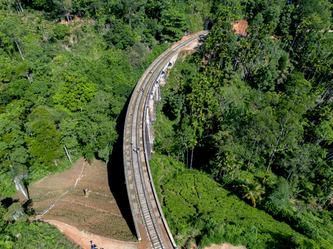 Aerial view of the historic Nine Arch Bridge surrounded by lush green tea plantations and dense forest in Demodara Uva Province Sri Lanka. Aerial view of the historic Nine Arch Bridge surrounded by lush green tea plantations and dense forest in Demodara Uva Province Sri Lanka.