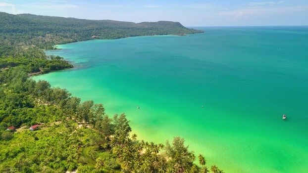 Aerial view of Lonely Beach and turquoise waters in Cambodia.