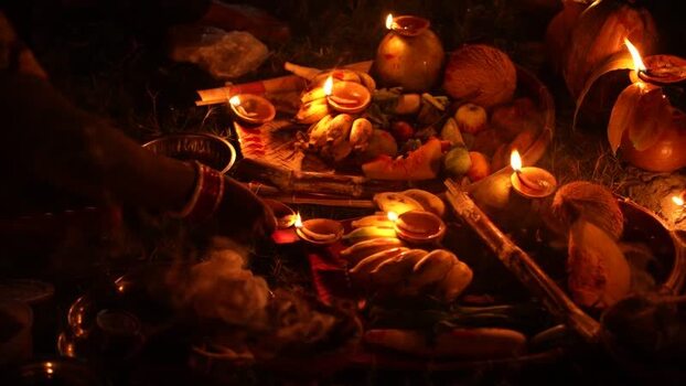 View of traditional religious offerings with lit oil lamps Bangladesh. View of traditional religious offerings with lit oil lamps Bangladesh.