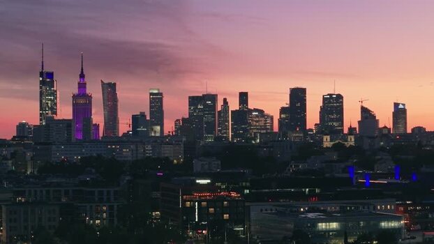Aerial view of the Warsaw skyline at sunset Poland.