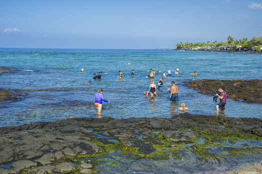 Aerial view of Kahaluu Beach Park with people snorkeling in turquoise waters and dark volcanic rocks in Kailua Kona Hawaii United States. Aerial view of Kahaluu Beach Park with people snorkeling in turquoise waters and dark volcanic rocks in Kailua Kona Hawaii United States.