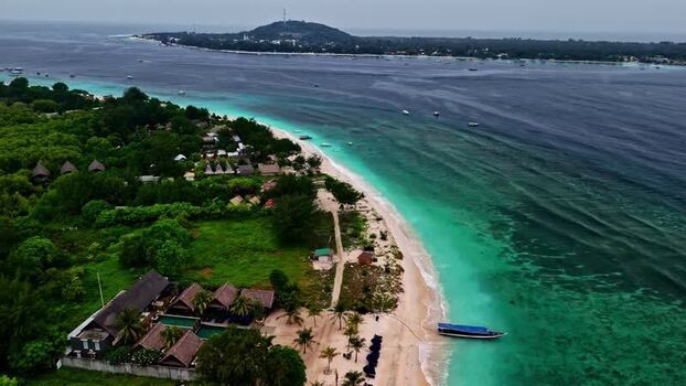 Aerial view of tropical beach resort in Bali Indonesia.