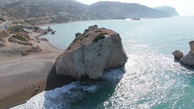 Aerial view of Petra tou Romiou along the coast of Cyprus.
