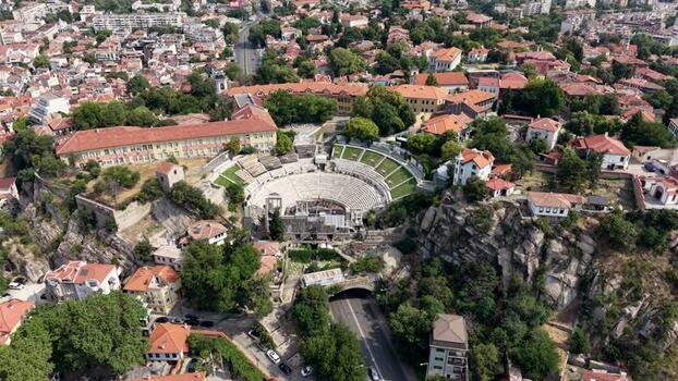 Aerial view of Ancient Theatre of Philippopolis in Plovdiv Bulgaria.