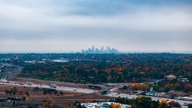 Aerial view of Denver skyline and highway United States. Aerial view of Denver skyline and highway United States.