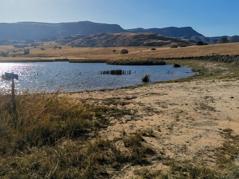 View of a tranquil pond surrounded by dry golden grasslands and rolling mountains under a clear blue sky in the rural countryside eManzana Mpumalanga South Africa. View of a tranquil pond surrounded by dry golden grasslands and rolling mountains under a clear blue sky in the rural countryside eManzana Mpumalanga South Africa.