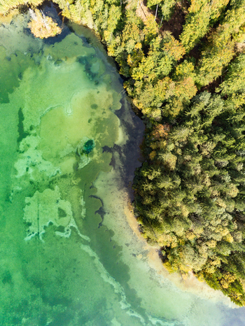 Aerial view of Attensee with clear turquoise water and dense surrounding forest Rottenbach Bayern Germany. Aerial view of Attensee with clear turquoise water and dense surrounding forest Rottenbach Bayern Germany.