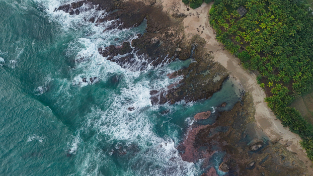 Aerial view of a tropical beach with crashing waves hitting rocky formations and lush palm trees along the coastline in Indonesia. Aerial view of a tropical beach with crashing waves hitting rocky formations and lush palm trees along the coastline in Indonesia.