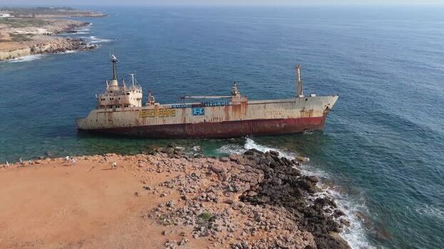 Aerial view of Edro III shipwreck off the coast of Cyprus.