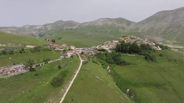 Aerial view of Castelluccio village in Italy.