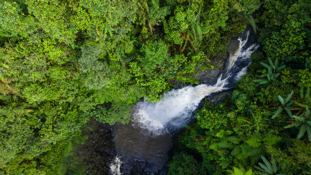 Aerial view of Gomblang Waterfall cascading into a dark pool surrounded by dense tropical rainforest and lush green foliage Kecamatan Kedungbanteng Jawa Tengah Indonesia. Aerial view of Gomblang Waterfall cascading into a dark pool surrounded by dense tropical rainforest and lush green foliage Kecamatan Kedungbanteng Jawa Tengah Indonesia.