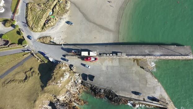 Aerial view of Portnablagh pier and harbour Ireland.