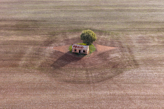 Aerial view of a small abandoned stone cottage and a single tree in the middle of a vast plowed field Flinders Ranges South Australia Australia.