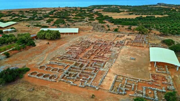 Aerial view of the ancient Minoan ruins in Crete Greece.